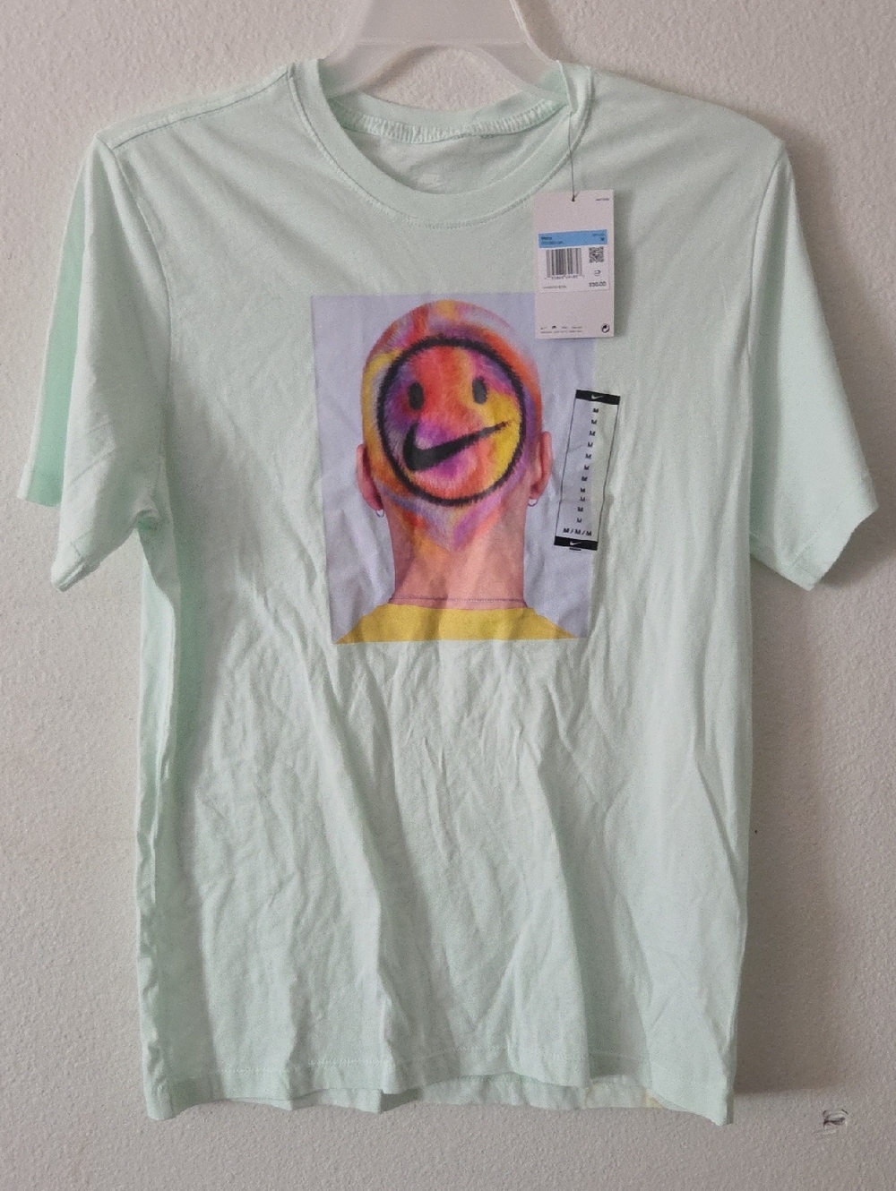 Nike Mint Green Tee with Colorful Smile Logo Print Medium